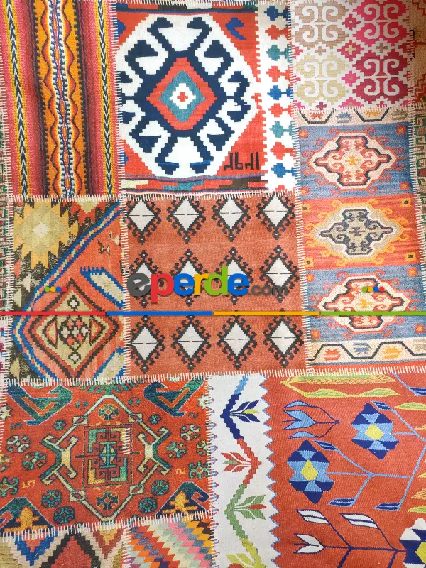 Kilim Desenli Patchwork Fon Perde Kombinli - 2- Çok Renkli 3