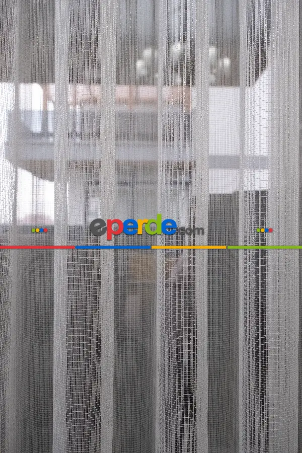 Mutfak - Çizgili Düz Tül Perde - Altın Simli Tül - Ütü İstemez