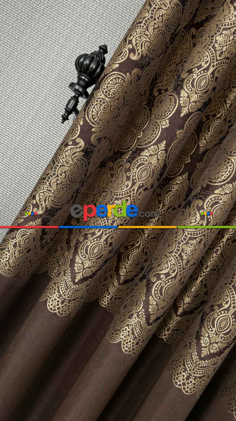 Kahverengi Altın Fon Perde, Damask Desenli