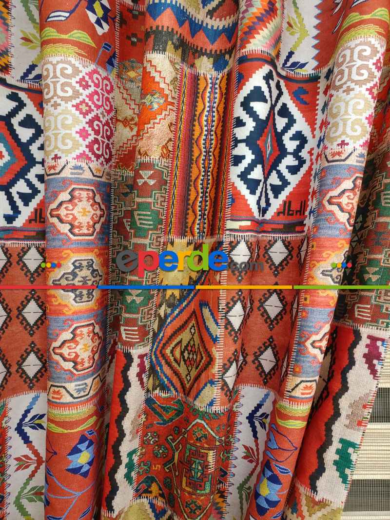 Mutfak Perdesi Kanat Fon Perde Kilim Desenli- Lacivert