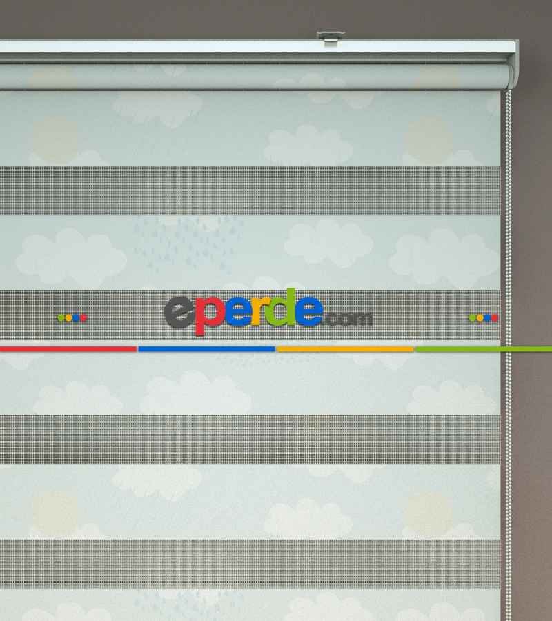 Bulut Desenli Baskılı Zebra Perde- Çok Renkli