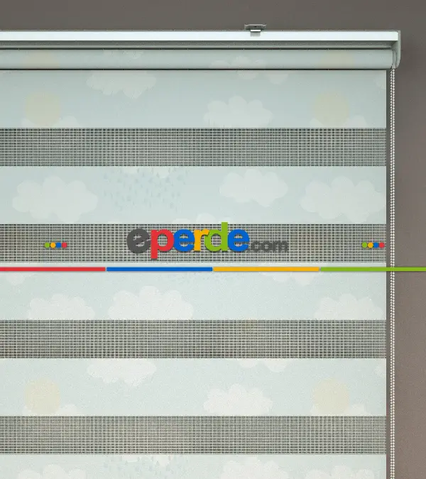 Bulut Desenli Baskılı Zebra Perde- Çok Renkli