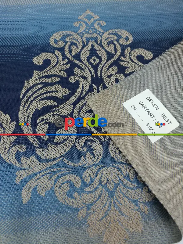 Renk Geçişli Jakar Desenli Salon Fon Perdesi - Lacivert - Mavi - Bej- Lacivert-mavi-bej
