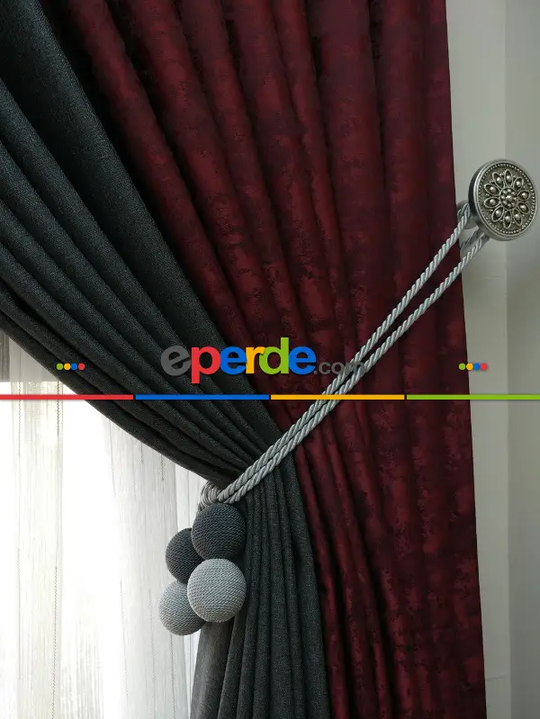 Gri Bordo Renk Kombinli Desenli Fon Perde- Gri-füme-antrasit-bordo