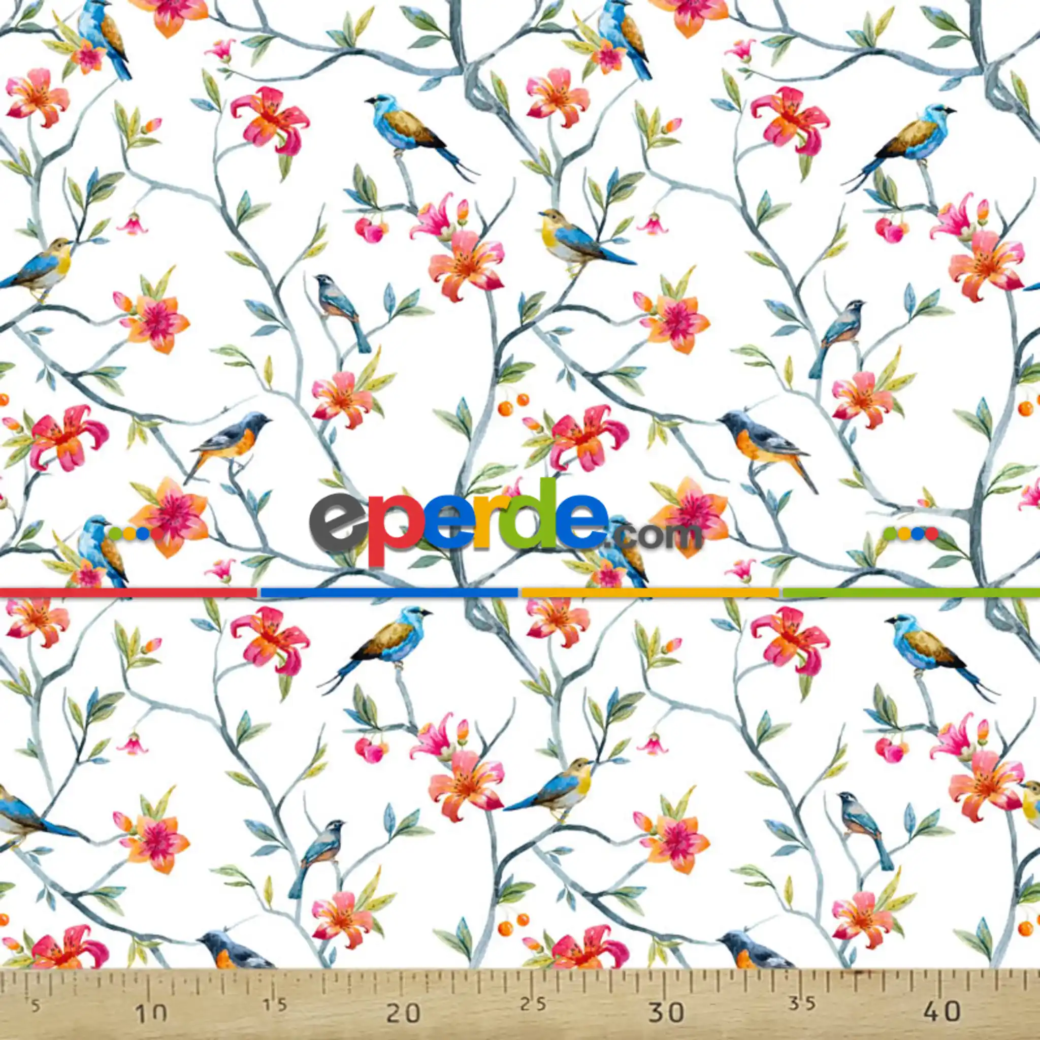 Çiçek Ve Kuş Desenli Fon Perde Evm1086 Kumaşı Kalındır Duck Bezi Değildir- Beyaz-Mavi Açık-Pembe Koyu