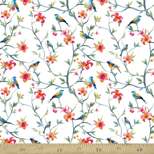 Çiçek Ve Kuş Desenli Fon Perde Evm1086 Kumaşı Kalındır Duck Bezi Değildir- Beyaz-Mavi Açık-Pembe Koyu