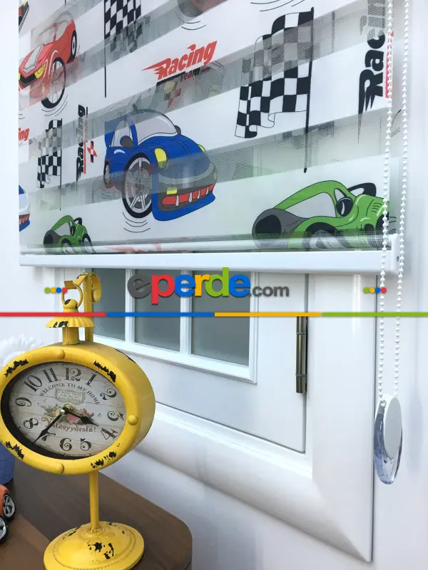 Zebra Perde - Araba-far Baskılı Çocuk Ve Genç Odası- Yeşil-mavi-kiremit Rengi