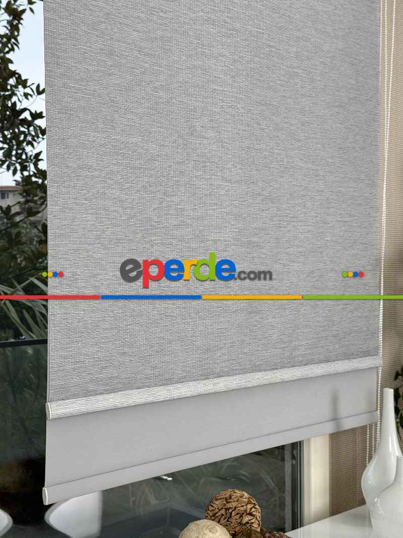 Açık Gri Çiftli Sistem Tül Stor Perde, Standart Metal Kasalı Yüksek Kalite Kornişe Kolay Montaj Seçenekli