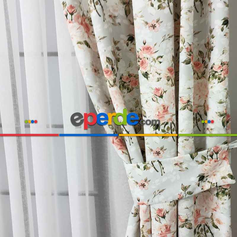 Çiçek Desenli Fon Perde Evm444 - Kumaşı Kalındır Duck Bezi Değildir.- Yeşil-Pembe