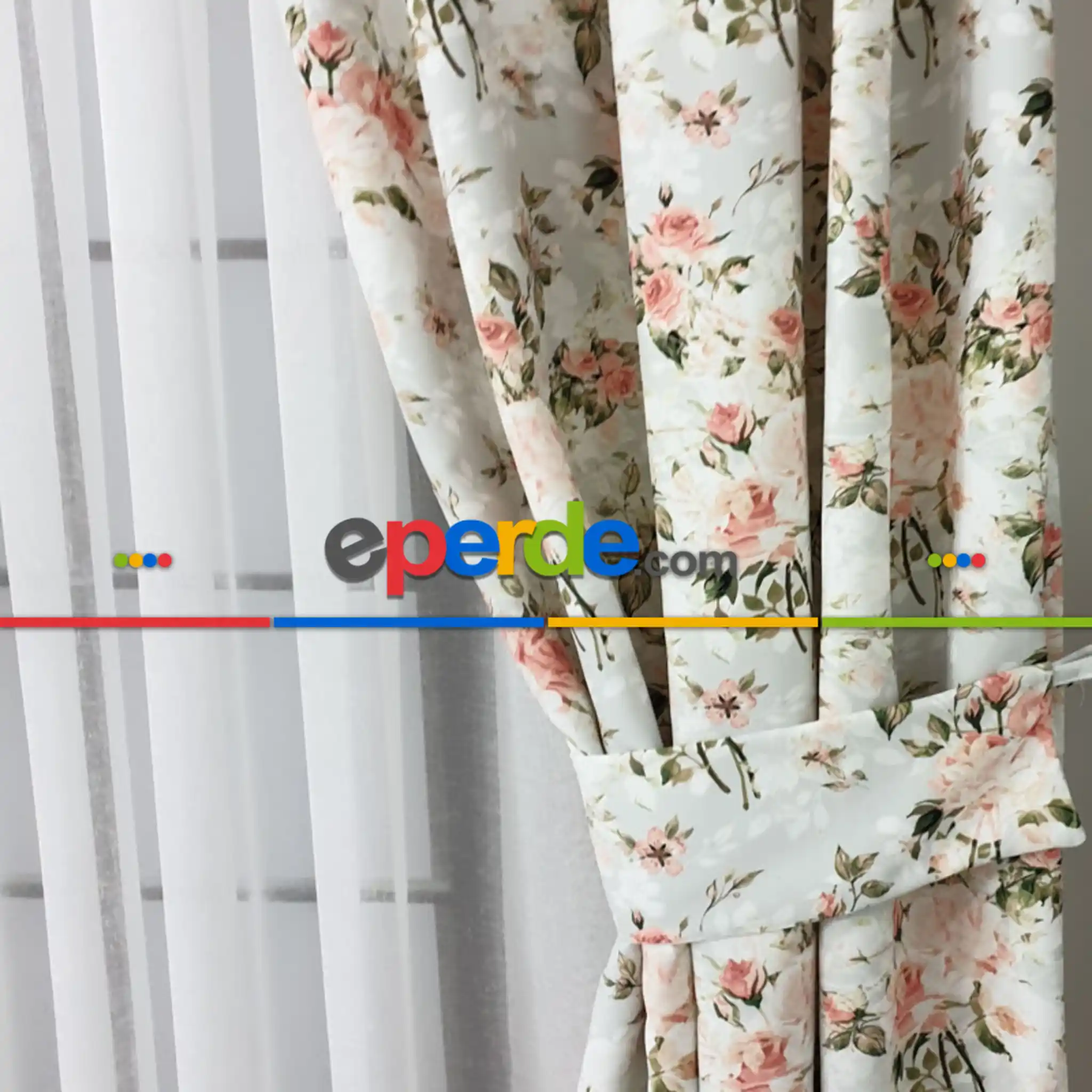 Çiçek Desenli Fon Perde Evm444 - Kumaşı Kalındır Duck Bezi Değildir.- Yeşil-Pembe