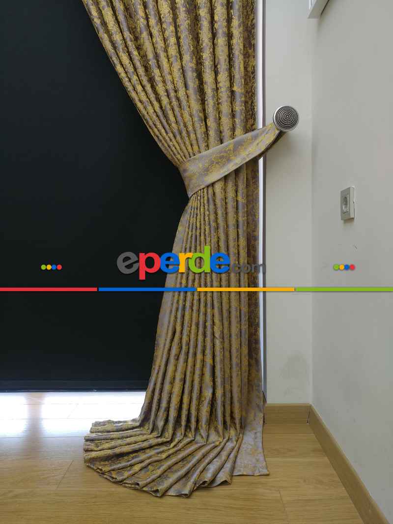 Hardal Antrasit Desenli Jakar Fon Perde - Altın