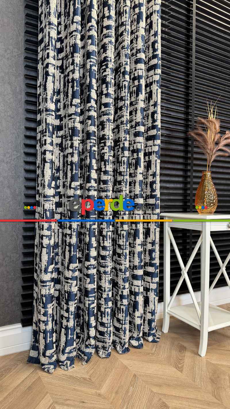 Bej Lacivert Jakar Dokuma Fon Perde