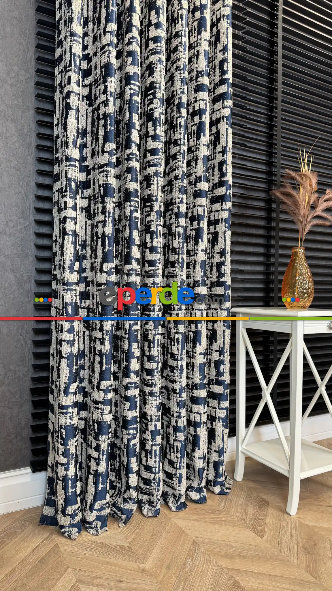 Bej Lacivert Jakar Dokuma Fon Perde