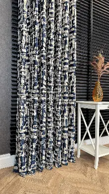 Bej Lacivert Jakar Dokuma Fon Perde