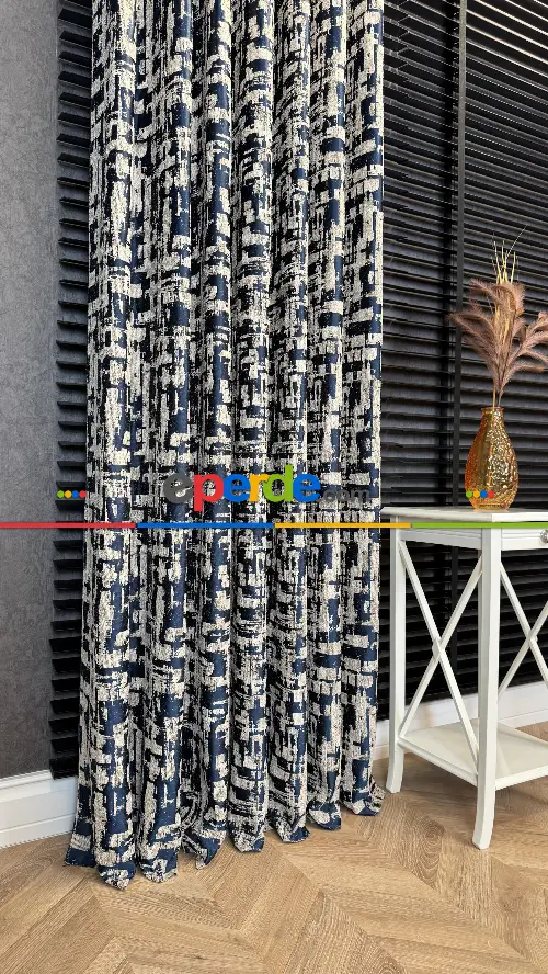 Bej Lacivert Jakar Dokuma Fon Perde