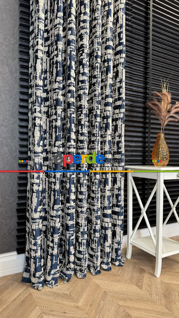 Bej Lacivert Jakar Dokuma Fon Perde