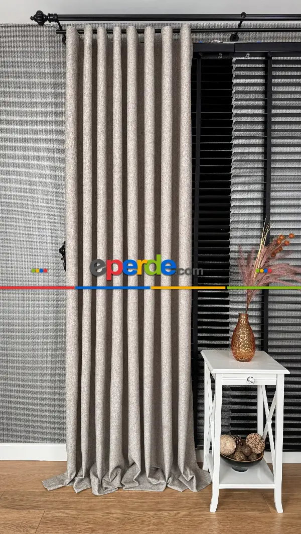 Bej Düz Naturel Keten S Pile Fon Perde, Premium Kalite Serisi Ağır Gramajlı