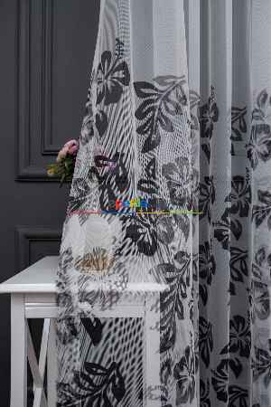 Petek Zemin Siyah Renkli Çiçek Ve Yaprak Desenli Grek Baskılı Tül Perde