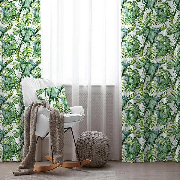 Tropikal Yaprak Desenli Fon Perde Evim226 Kumaşı Kalındır Duck Bezi Değildir- Mavi-beyaz
