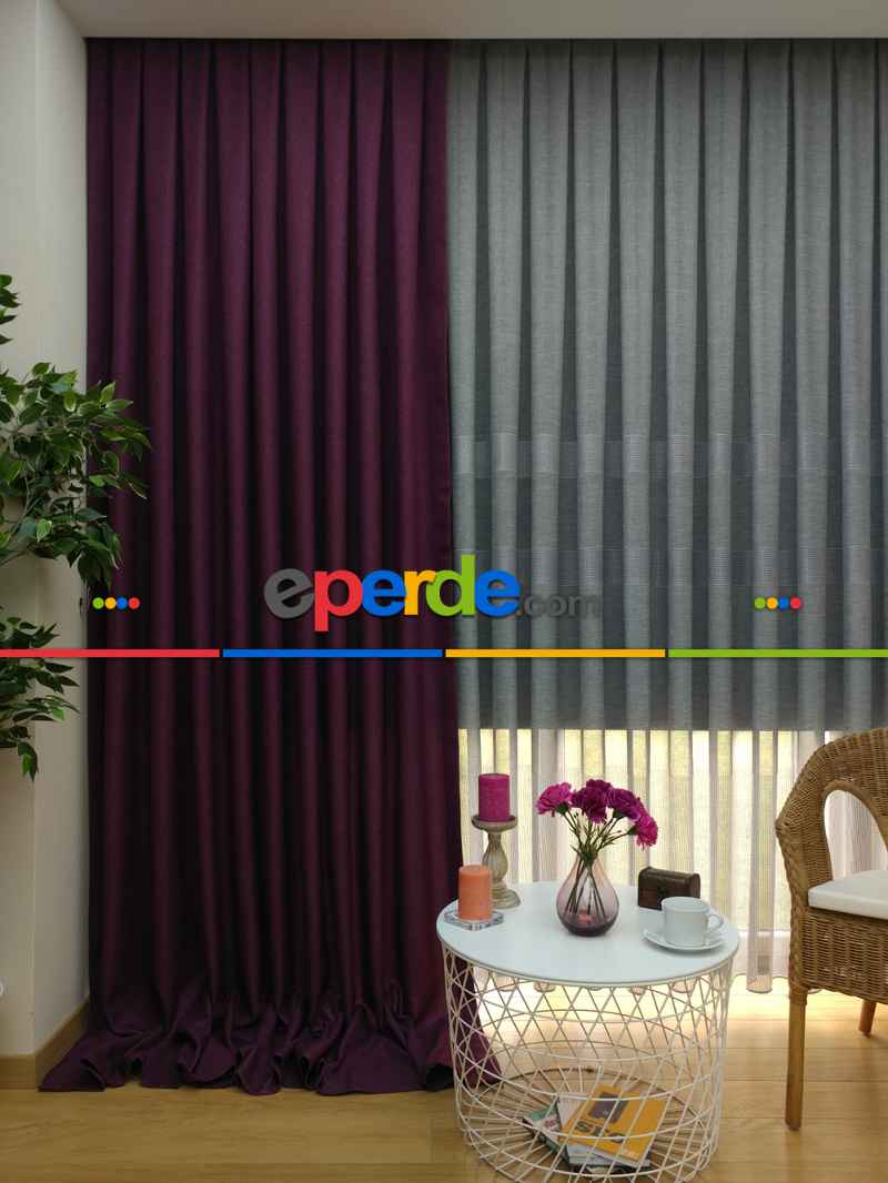 Keten Mor Düz Fon Perde- Mor