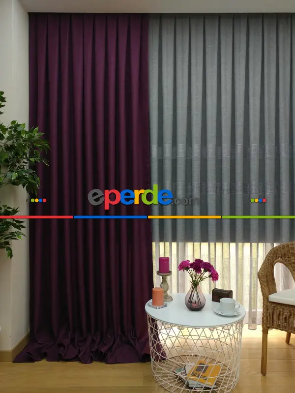 Yatak Odası - Keten Mor Düz Fon Perde- Mor