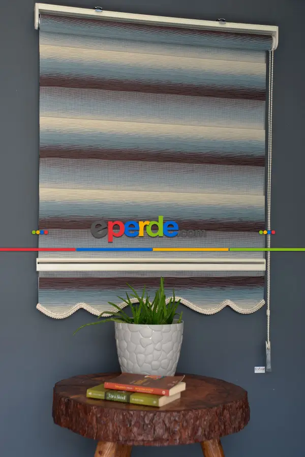 Halim Perdesan Mf-10 Bondi Mavisi & Kahverengi Etekli Veya Eteksiz Zebra Stor Perde