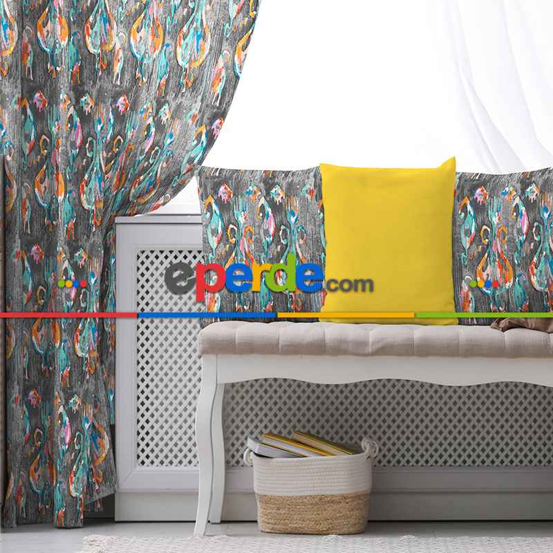 İkat Etnik Desenli Fon Perde Evim245 Kumaşı Kalındır Duck Bezi Değildir- Mavi-beyaz