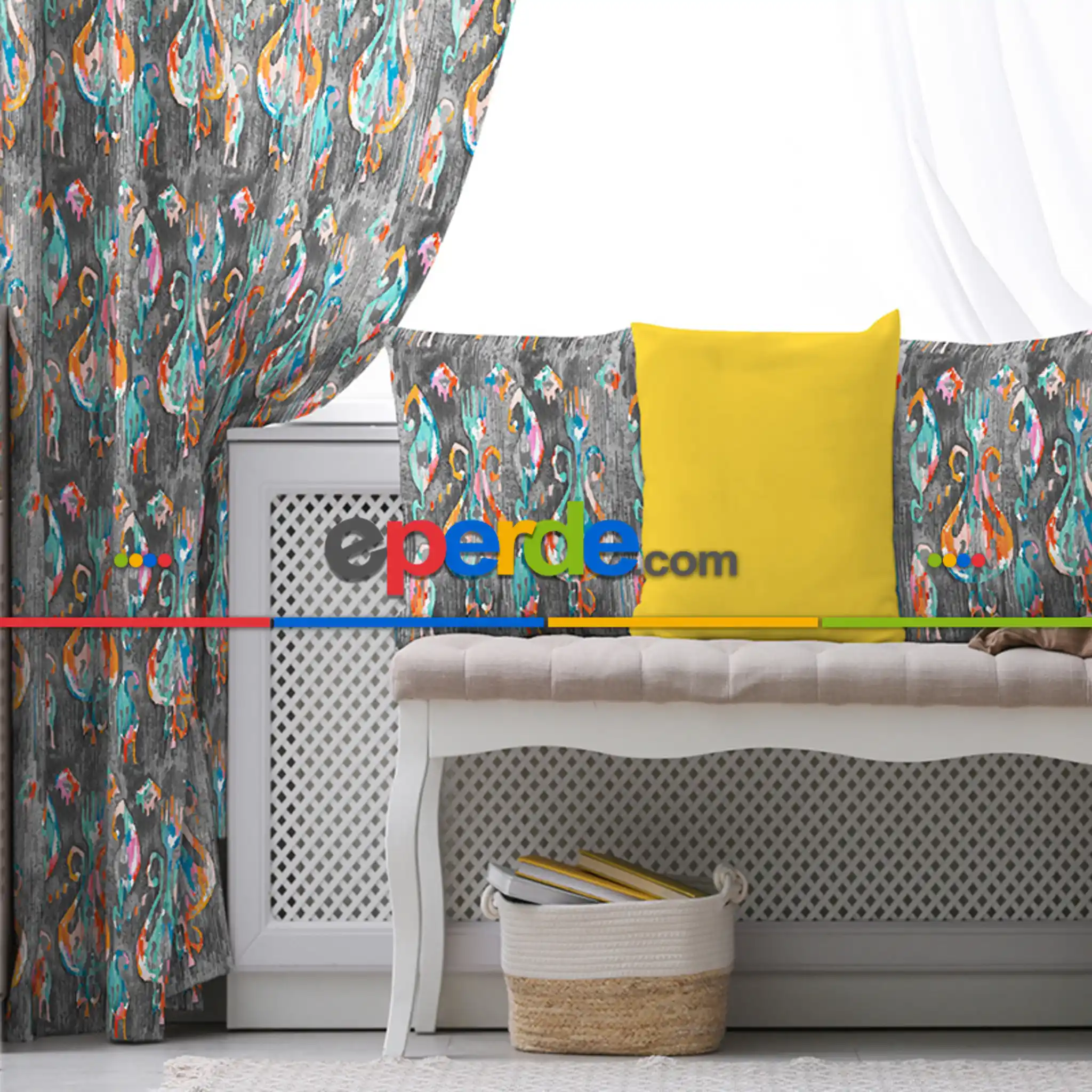 İkat Etnik Desenli Fon Perde Evim245 Kumaşı Kalındır Duck Bezi Değildir- Mavi-beyaz