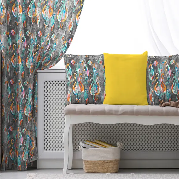 İkat Etnik Desenli Fon Perde Evim245 Kumaşı Kalındır Duck Bezi Değildir- Mavi-beyaz