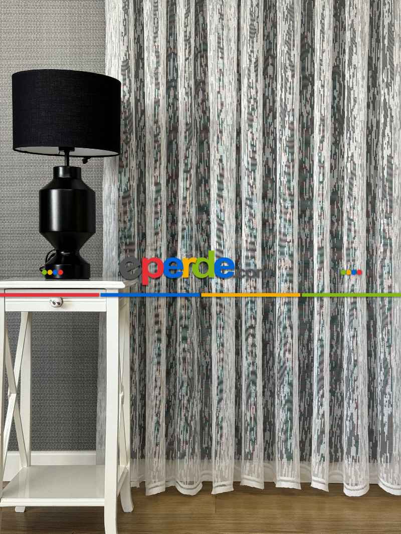 Yatak Odası Ekru Çizgili Modern Desen Örme Tül Perde