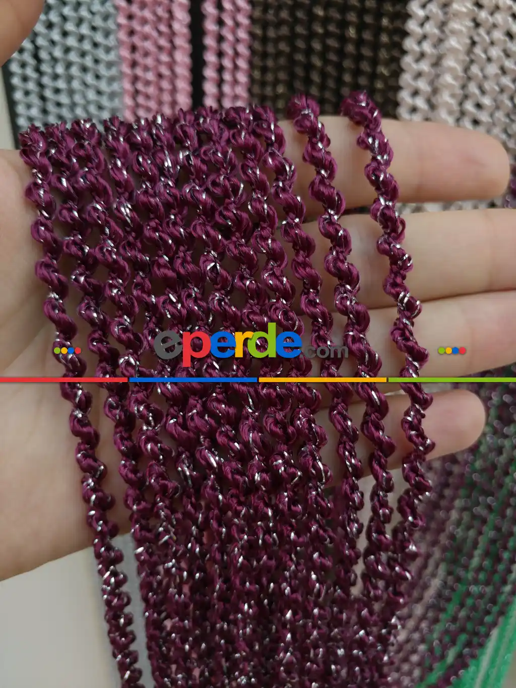 Bukle Serisi Bordo Gümüş Simli İp Perde- Bordo-gümüş Simli
