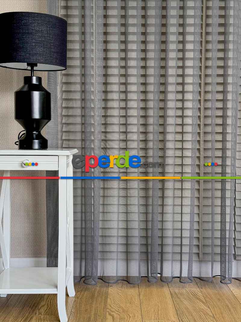 Koyu Gri Grek Zemin Düz Tül Perde - Kurşunlu