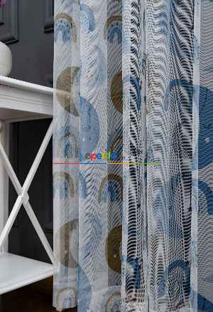 Hazır Ölçülü Petek Zemin Mavi Renkli Ay Desenli Grek Baskılı Tül Perde