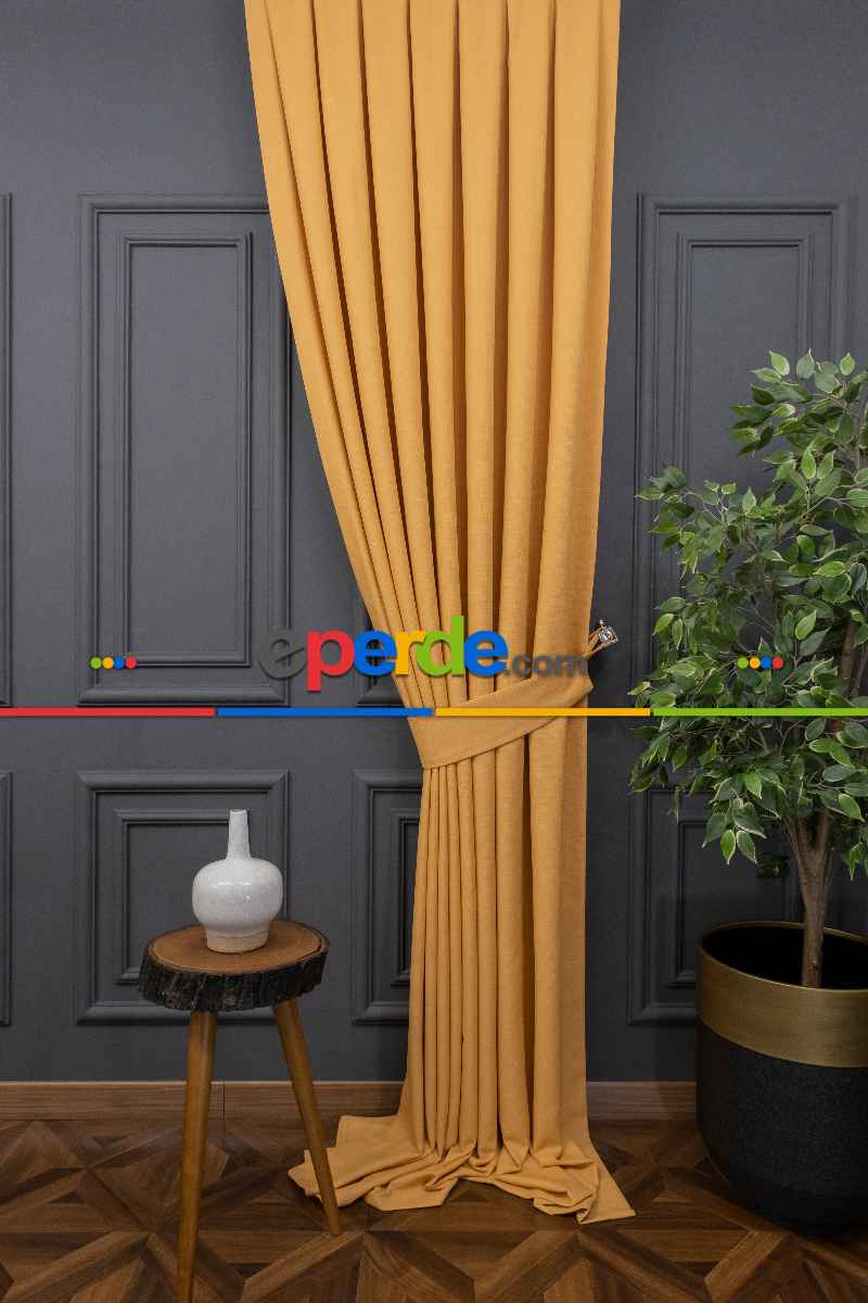 Oturma Odası Keten Sarı Renk Düz Fon Perde- Hardal