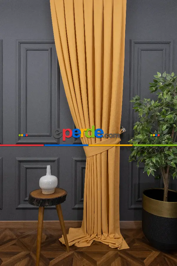 Yatak Odası - Keten Sarı Renk Düz Fon Perde- Hardal