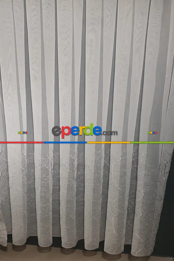 Salon - Selvi Ağaç Desenli İşlemeli Tül Perde - Açık Krem