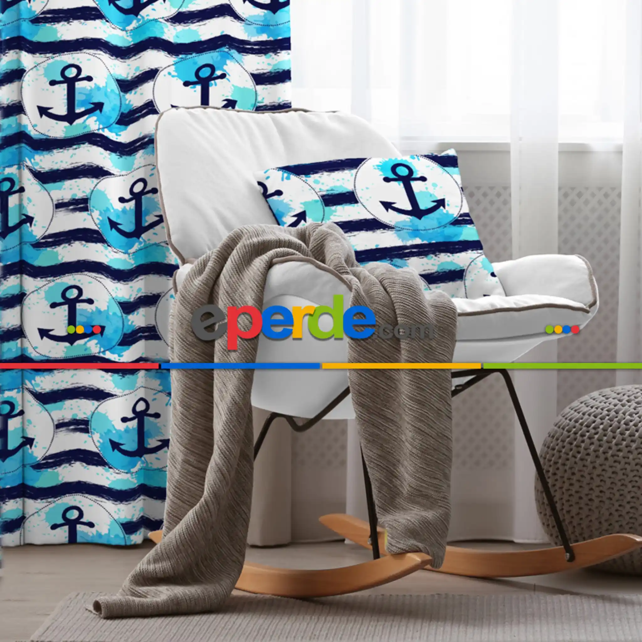 Çocuk Odası - Çapa Desenli Fon Perde Evim654 Kumaşı Kalındır Duck Bezi Değildir- Mavi-beyaz