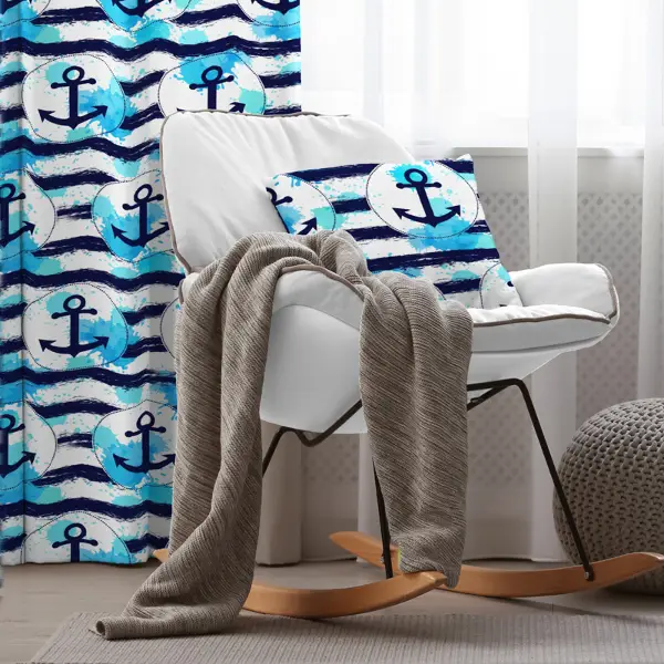 Çocuk Odası - Çapa Desenli Fon Perde Evim654 Kumaşı Kalındır Duck Bezi Değildir- Mavi-beyaz