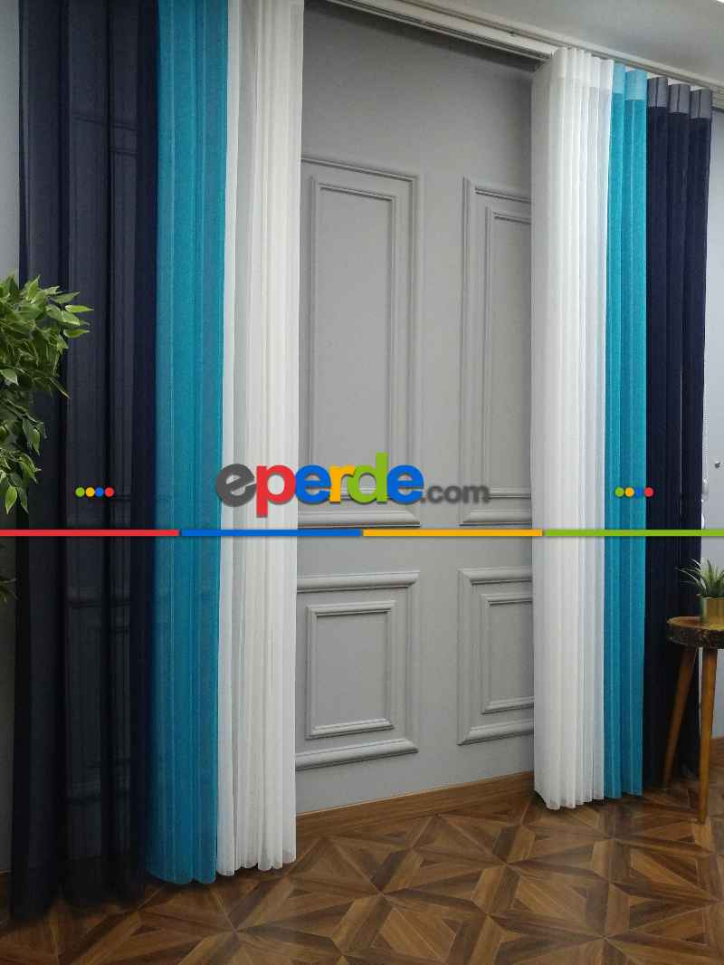 Lens Akıllı Dikey Tül Perde 113- Lacivert-beyaz-turkuaz