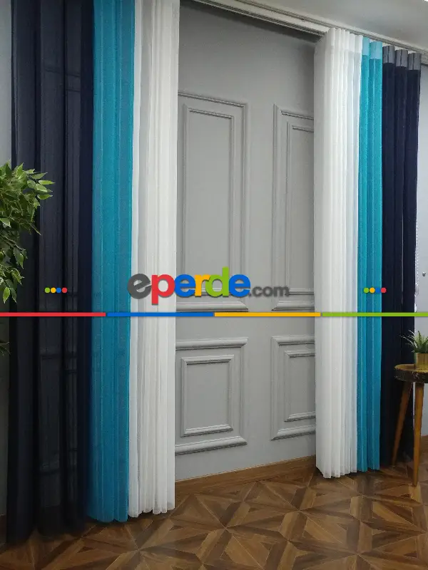 Lens Akıllı Dikey Tül Perde 113- Lacivert-beyaz-turkuaz