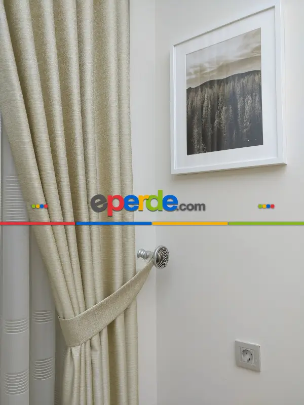 Krem Desenli Jakar Fon Perde- Krem