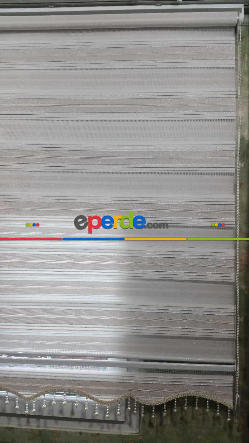 Elit Simli Pileli Zebra Perde Pudra Pembe - Gümüş Simli