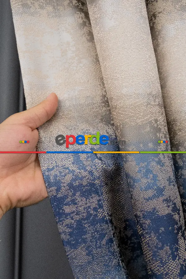 Patinedesenli Gökkuşağı Desen Koyu Lacivert Bej Jakar Fon Perde