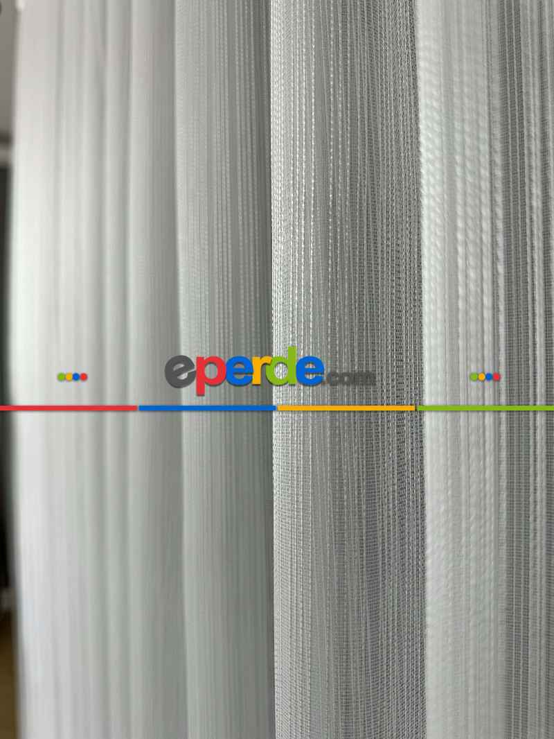 Ekru Çizgili Zincir Desenli Düz Tül Perde - Gramajlı Kurşunlu Tül Perde