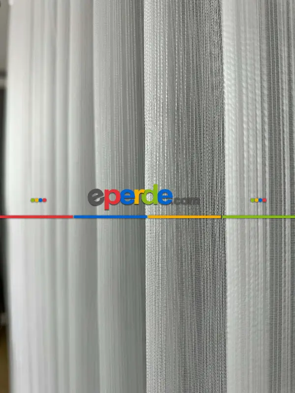 Ekru Çizgili Zincir Desenli Düz Tül Perde - Gramajlı Kurşunlu Tül Perde