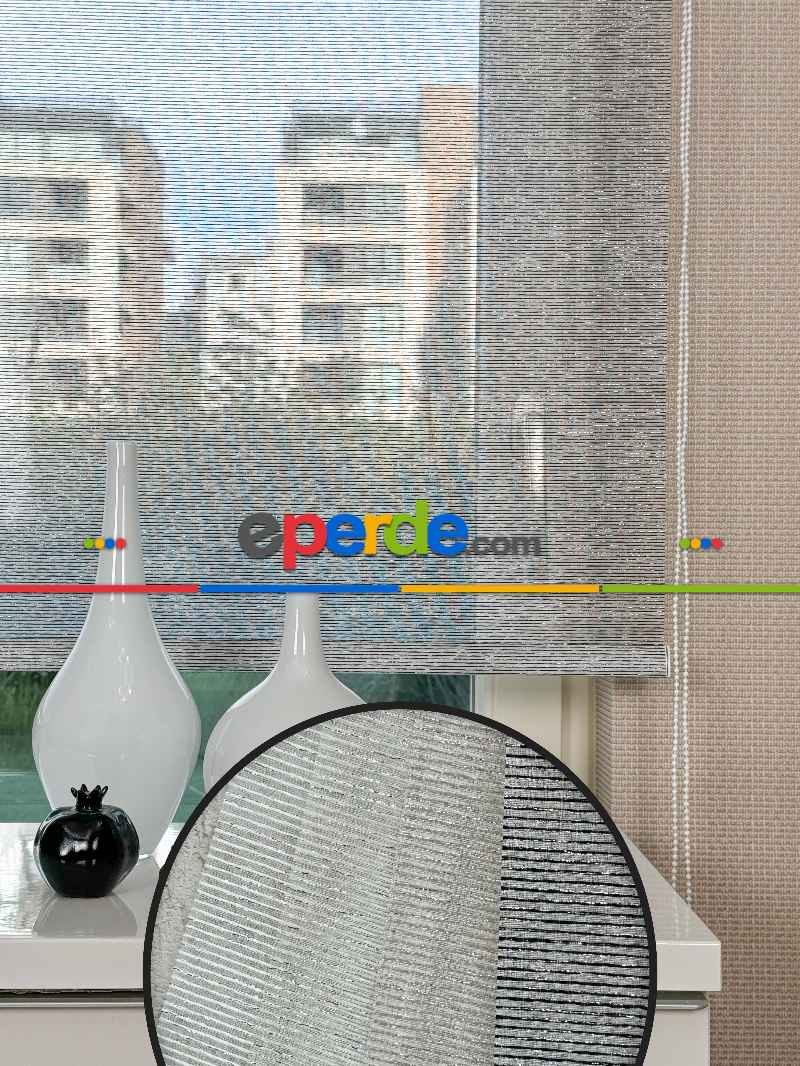 Salon Gümüş Simli Siyah Çizgili Tül Stor Perde, Standart Metal Kasalı Yüksek Kalite Kornişe Kolay Montaj Seçenekli