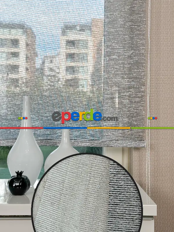 Salon Gümüş Simli Siyah Çizgili Tül Stor Perde, Standart Metal Kasalı Yüksek Kalite Kornişe Kolay Montaj Seçenekli