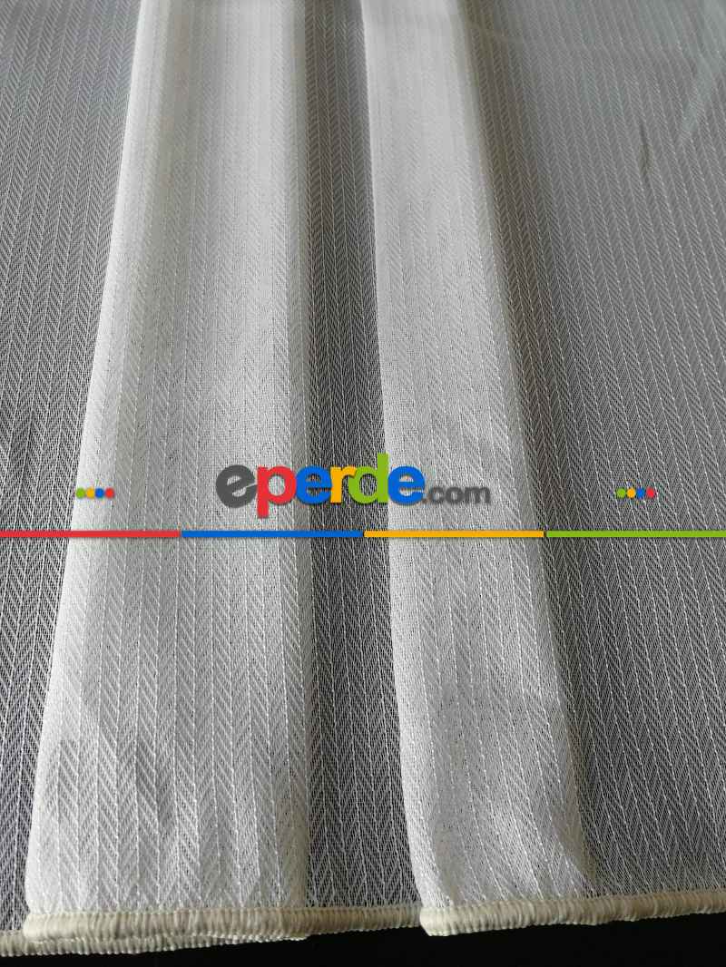 Armür Zemin Balık Sırtı Desen Boydan Çizgili Tül - Krem-bej