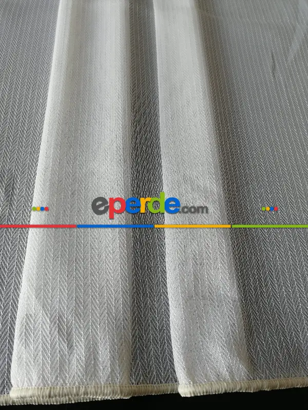 Armür Zemin Balık Sırtı Desen Boydan Çizgili Tül - Krem-bej