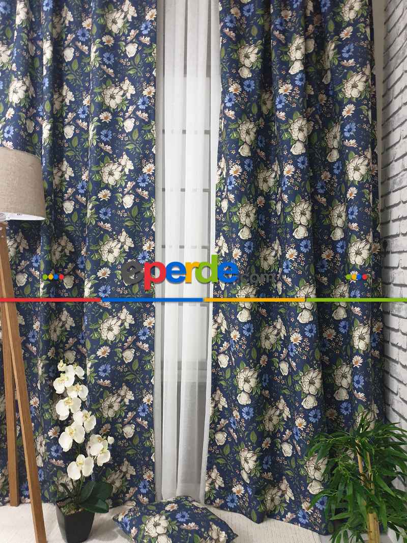 Salon Fon - Çiçek Desenli Fon Perde Evm1073 Kumaşı Kalındır Duck Bezi Değildir